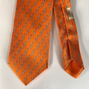 HERMES Orange White Chain Link Silk Tie